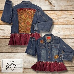 Womens Denim Jacket Southwest Burgundy Brown Patchwork Beads Lace Cropped Large